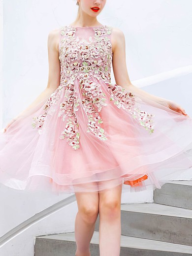 A-line Scoop Neck Tulle Short/Mini Short Prom Dresses With Lace #Favs020020110037