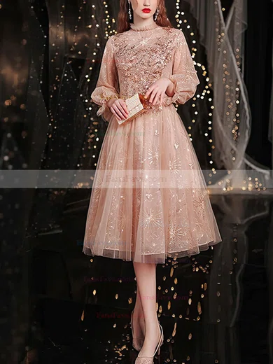 A-line High Neck Tulle Tea-length Short Prom Dresses With Beading #Favs020020110039