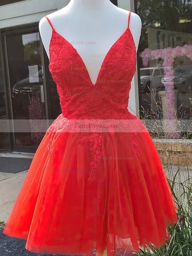 A-line V-neck Lace Tulle Short/Mini Short Prom Dresses With Appliques Lace #Favs020020110040
