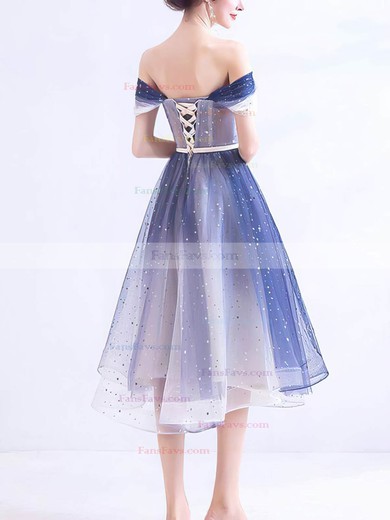 A-line Off-the-shoulder Tulle Tea-length Short Prom Dresses With Beading #Favs020020110041