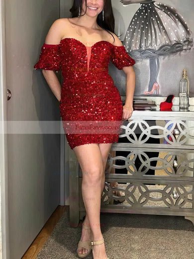 Sheath/Column Off-the-shoulder Sequined Short/Mini Short Prom Dresses #Favs020020110814