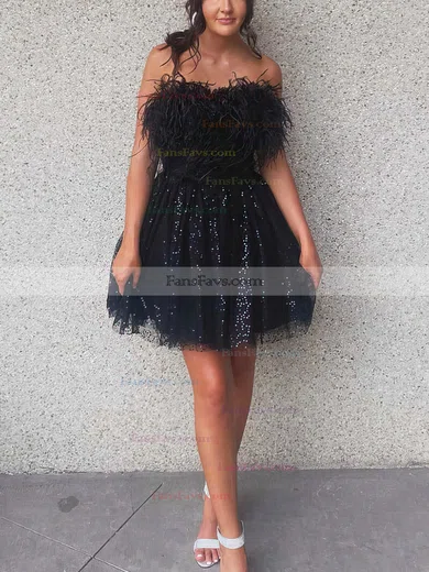 A-line Strapless Sequined Short/Mini Short Prom Dresses With Feathers / Fur #Favs020020110815