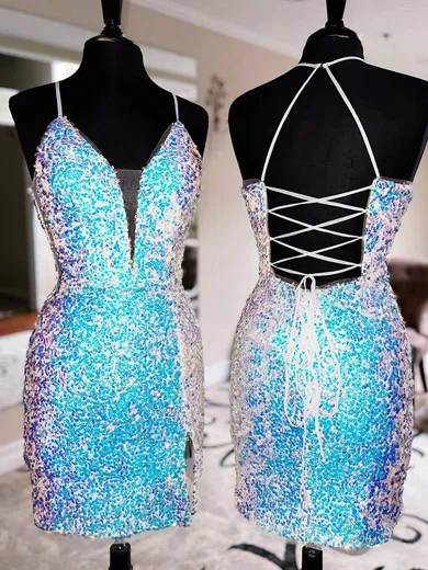 Sheath/Column V-neck Sequined Short/Mini Short Prom Dresses With Split Front #Favs020020110043
