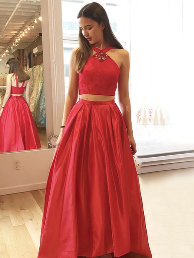 Princess V-neck Satin Floor-length Lace Prom Dresses #Favs020106048