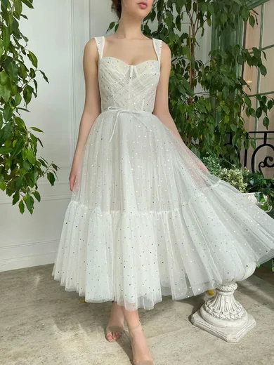 A-line Sweetheart Tulle Tea-length Short Prom Dresses With Pockets #Favs020020111543