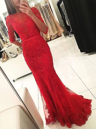 Trumpet/Mermaid Scoop Neck Tulle Floor-length Appliques Lace Prom Dresses #Favs020103022 Trumpet/Mermaid Scoop Neck Tulle Floor-length Appliques Lace Prom Dresses #Favs020103022