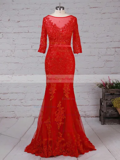 Trumpet/Mermaid Scoop Neck Tulle Floor-length Appliques Lace Prom Dresses #Favs020103022