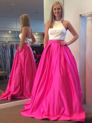 Ball Gown Halter Satin Sweep Train Pockets Prom Dresses #Favs020106051