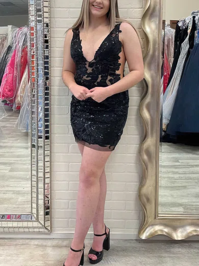 Sheath/Column V-neck Tulle Short/Mini Short Prom Dresses With Lace #Favs020020110824