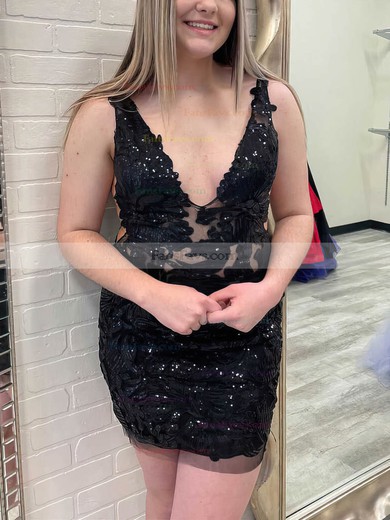 Sheath/Column V-neck Tulle Short/Mini Short Prom Dresses With Lace #Favs020020110824