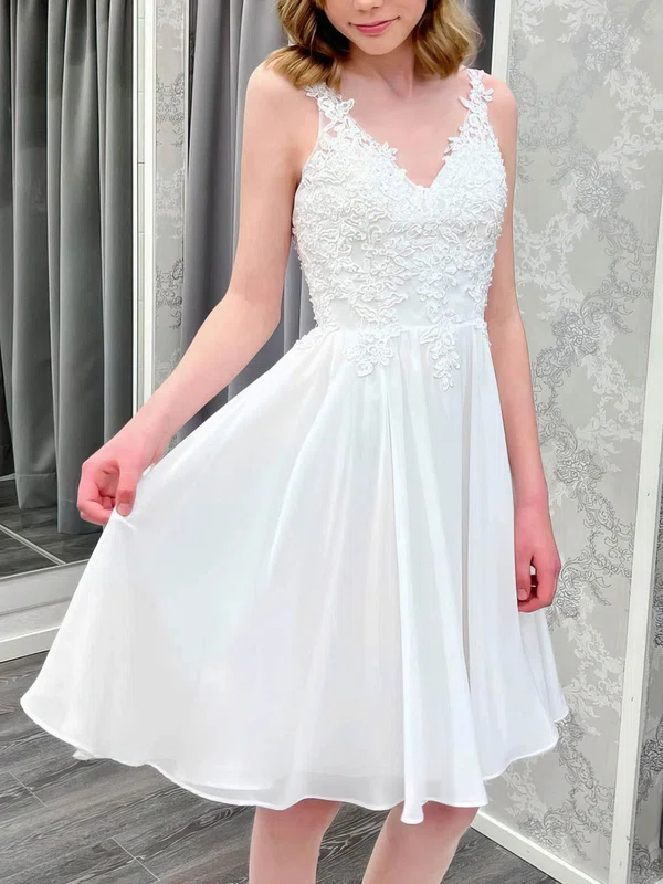 A-line V-neck Chiffon Knee-length Short Prom Dresses With Appliques Lace #Favs020020111546