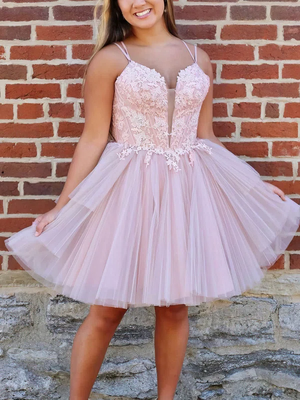 A-line V-neck Lace Tulle Short/Mini Short Prom Dresses With Appliques Lace #Favs020020111550