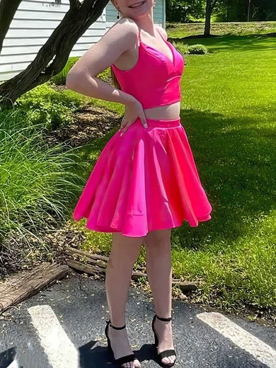 A-line V-neck Satin Short/Mini Short Prom Dresses With Pockets #Favs020020110830