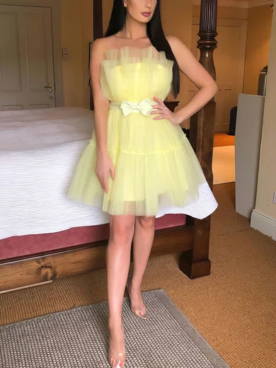 A-line Strapless Tulle Short/Mini Short Prom Dresses With Bow #Favs020020111551