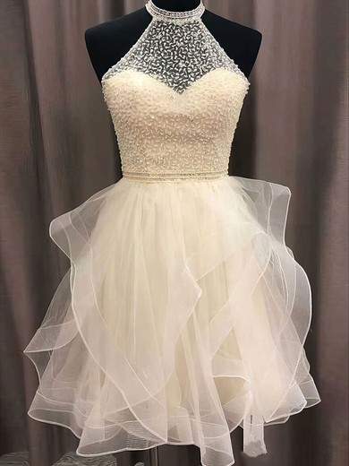 A-line High Neck Tulle Short/Mini Short Prom Dresses With Sashes / Ribbons #Favs020020110836