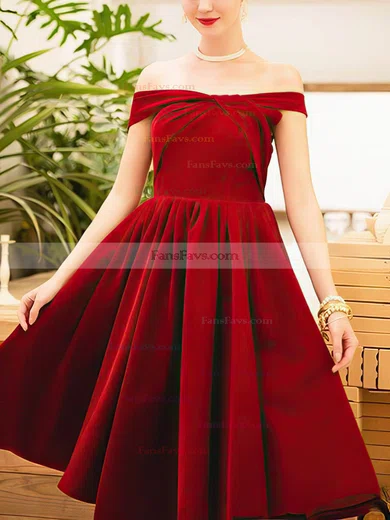 A-line Off-the-shoulder Velvet Tea-length Short Prom Dresses #Favs020020110062