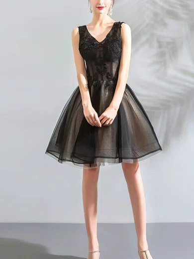 A-line V-neck Lace Tulle Knee-length Short Prom Dresses With Appliques Lace #Favs020020110063