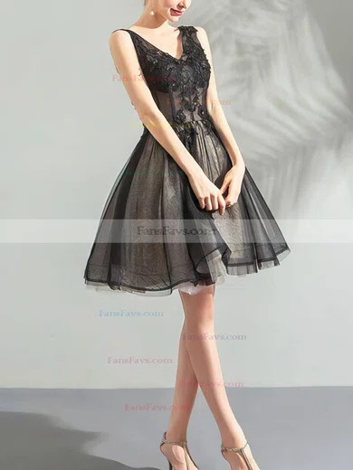 A-line V-neck Lace Tulle Knee-length Short Prom Dresses With Appliques Lace #Favs020020110063