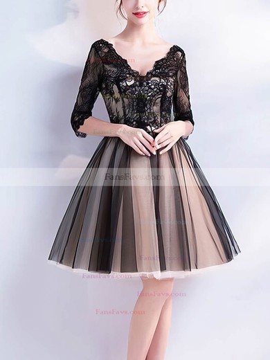 A-line V-neck Lace Tulle Knee-length Short Prom Dresses With Appliques Lace #Favs020020110064