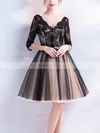 A-line V-neck Lace Tulle Knee-length Short Prom Dresses With Appliques Lace #Favs020020110064