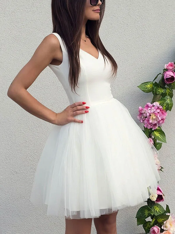 A-line V-neck Tulle Stretch Crepe Short/Mini Short Prom Dresses #Favs020020109162