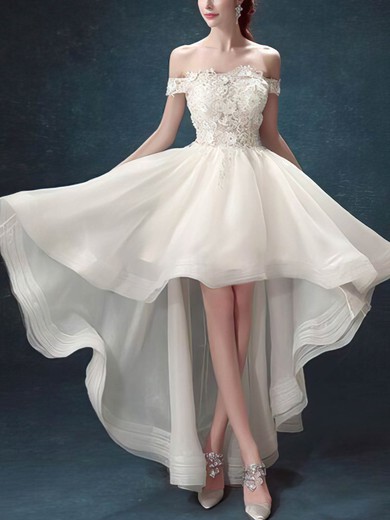 A-line Off-the-shoulder Lace Tulle Asymmetrical Short Prom Dresses With Appliques Lace #Favs020020110065