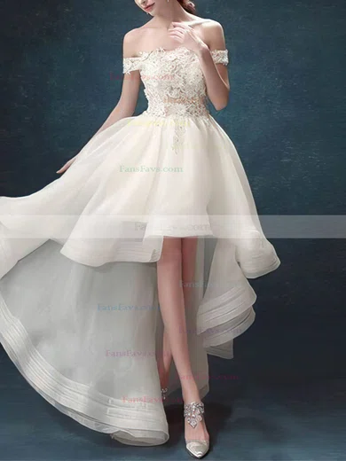 A-line Off-the-shoulder Lace Tulle Asymmetrical Short Prom Dresses With Appliques Lace #Favs020020110065