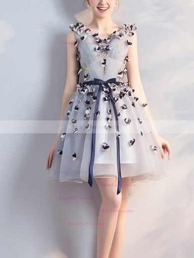 A-line V-neck Lace Tulle Short/Mini Short Prom Dresses With Flower(s) #Favs020020110067