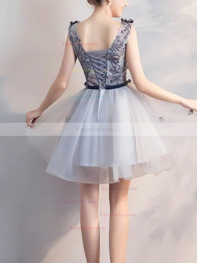 A-line V-neck Lace Tulle Short/Mini Short Prom Dresses With Flower(s) #Favs020020110067