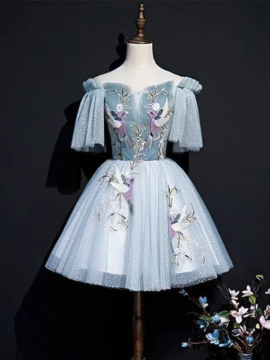 A-line Off-the-shoulder Lace Tulle Short/Mini Short Prom Dresses With Beading #Favs020020110068