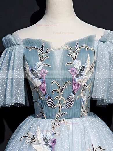 A-line Off-the-shoulder Lace Tulle Short/Mini Short Prom Dresses With Beading #Favs020020110068