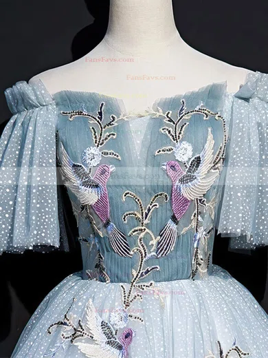 A-line Off-the-shoulder Lace Tulle Short/Mini Short Prom Dresses With Beading #Favs020020110068