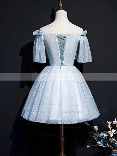 A-line Off-the-shoulder Lace Tulle Short/Mini Short Prom Dresses With Beading #Favs020020110068