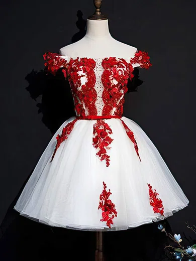 A-line Off-the-shoulder Lace Tulle Short/Mini Short Prom Dresses With Beading #Favs020020110069