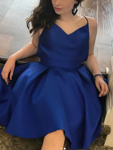 A-line V-neck Satin Knee-length Short Prom Dresses With Bow #Favs020020111565