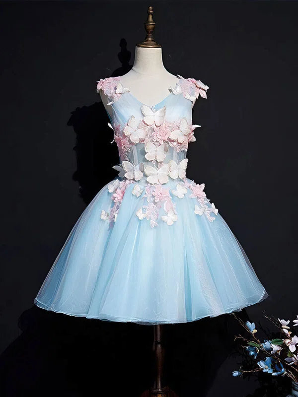 A-line V-neck Organza Short/Mini Short Prom Dresses With Appliques Lace #Favs020020110070