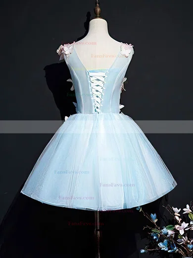 A-line V-neck Organza Short/Mini Short Prom Dresses With Appliques Lace #Favs020020110070