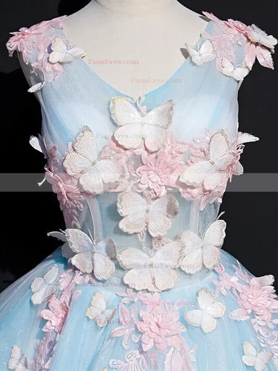 A-line V-neck Organza Short/Mini Short Prom Dresses With Appliques Lace #Favs020020110070