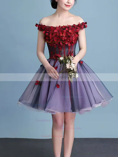 A-line Off-the-shoulder Organza Short/Mini Short Prom Dresses With Flower(s) #Favs020020110071