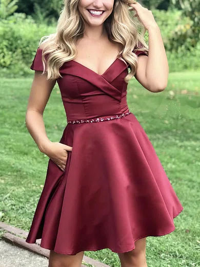 A-line V-neck Satin Short/Mini Pockets Short Prom Dresses #Favs020020109170
