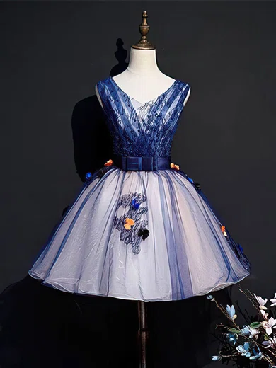 A-line V-neck Organza Short/Mini Short Prom Dresses With Lace #Favs020020110072