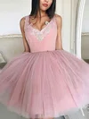 A-line V-neck Tulle Short/Mini Lace Short Prom Dresses #Favs020020109171