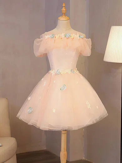 A-line Off-the-shoulder Lace Tulle Short/Mini Short Prom Dresses With Appliques Lace #Favs020020110074