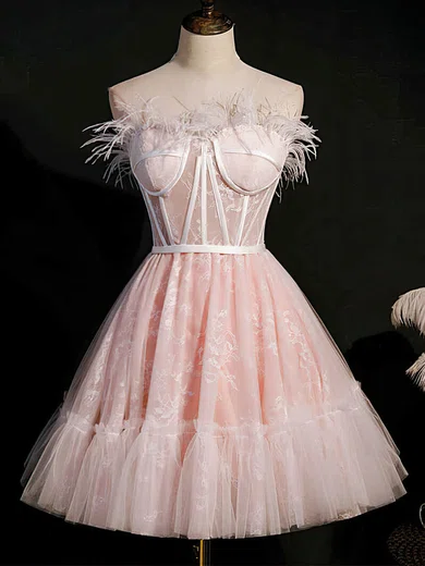 A-line Strapless Lace Tulle Knee-length Short Prom Dresses #Favs020020110848