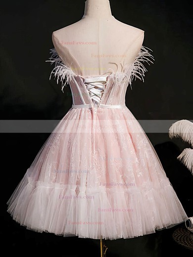 A-line Strapless Lace Tulle Knee-length Short Prom Dresses #Favs020020110848