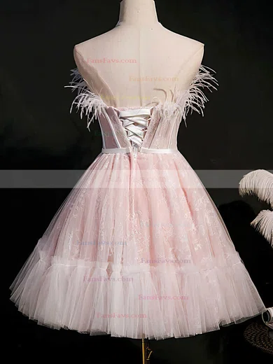 A-line Strapless Lace Tulle Knee-length Short Prom Dresses #Favs020020110848