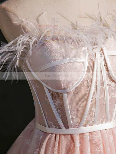 A-line Strapless Lace Tulle Knee-length Short Prom Dresses #Favs020020110848