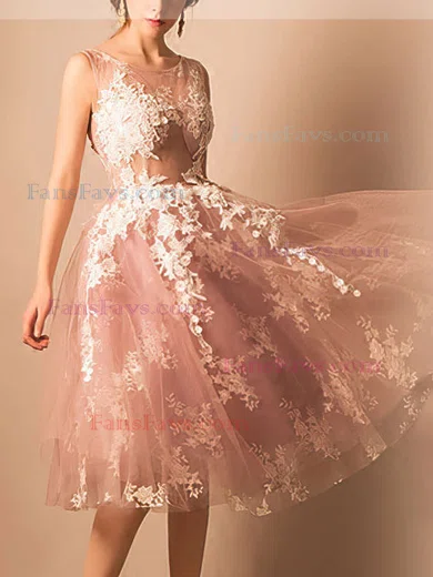 Ball Gown Scoop Neck Tulle Tea-length Appliques Lace Short Prom Dresses #Favs020103045