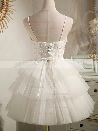 A-line V-neck Tulle Knee-length Short Prom Dresses With Beading #Favs020020110849