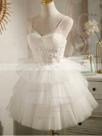 A-line V-neck Tulle Knee-length Short Prom Dresses With Beading #Favs020020110849